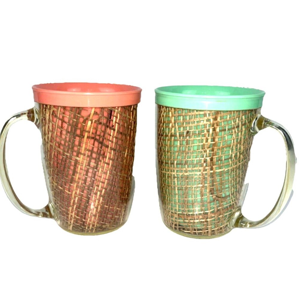2 VTG Insulated plastic Coffee Cup Mugs Woven basket weave MCM Coral Mint Retro